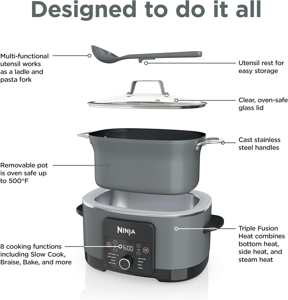 Ninja MC1001C Foodi PossibleCooker PRO 8.5 Quart Multi-Cooker, with 8-in-1 Slow Cooker,Dutch Oven,Steamer &More,Glass Lid & Integrated Spoon,Nonstick,Oven Safe Pot to 500°F,Sea Salt Gray,Sea Salt Grey - PuriLite