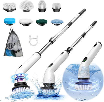 Cordless Electric Spin Scrubber – IPX7 Waterproof Electric Scrubber with 8 Replaceable Brush Heads & Adjustable Extension Handle - PuriLite