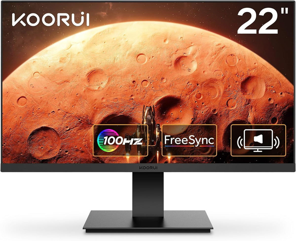 KOORUI 22 Inch Computer Gaming Monitor, FHD 1080P Desktop Display with 2 Speakers, 100HZ Ultra Thin Bezel/Eye Care/Ergonomic Tilt, HDMI VGA Ports LED Monitor for PC, VESA Mounting - PuriLite