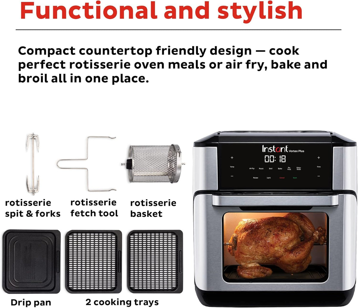 Instant Pot Vortex Plus 10QT Air Fryer Toaster Oven, 7-in-1, EvenCrisp Technology, Crisps, Broils, Bakes, Roasts, Dehydrates, Reheats & Rotisseries, Includes over 100 In-App Recipes, Stainless Steel - PuriLite