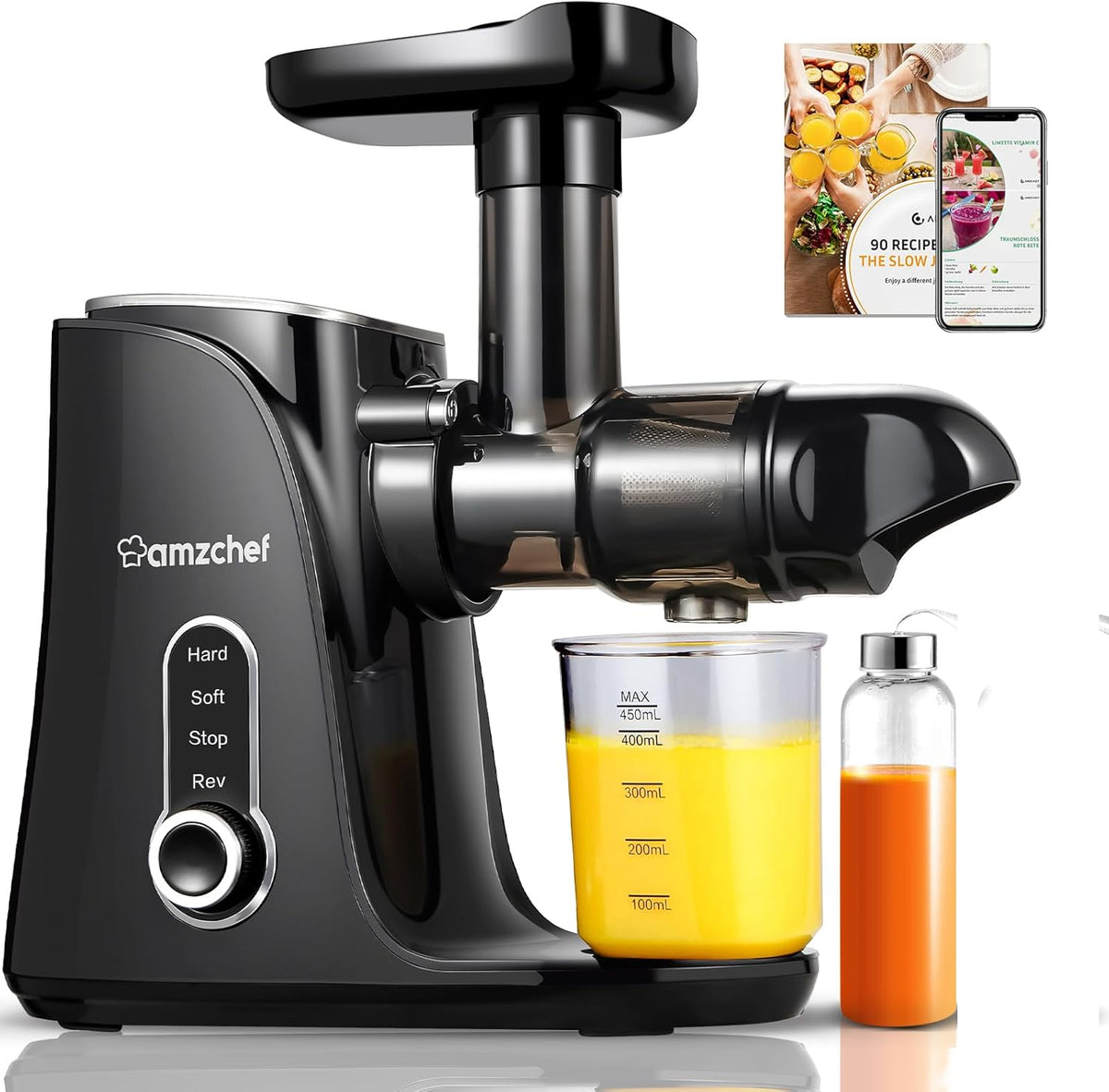 AMZCHEF Slow Juicer Machine - Cold Press Juicer with Two Speed Modes and LED Display - Masticating Juice Extractor with Travel Bottle and 2 Cups, Cleaning Brush - Black - PuriLite