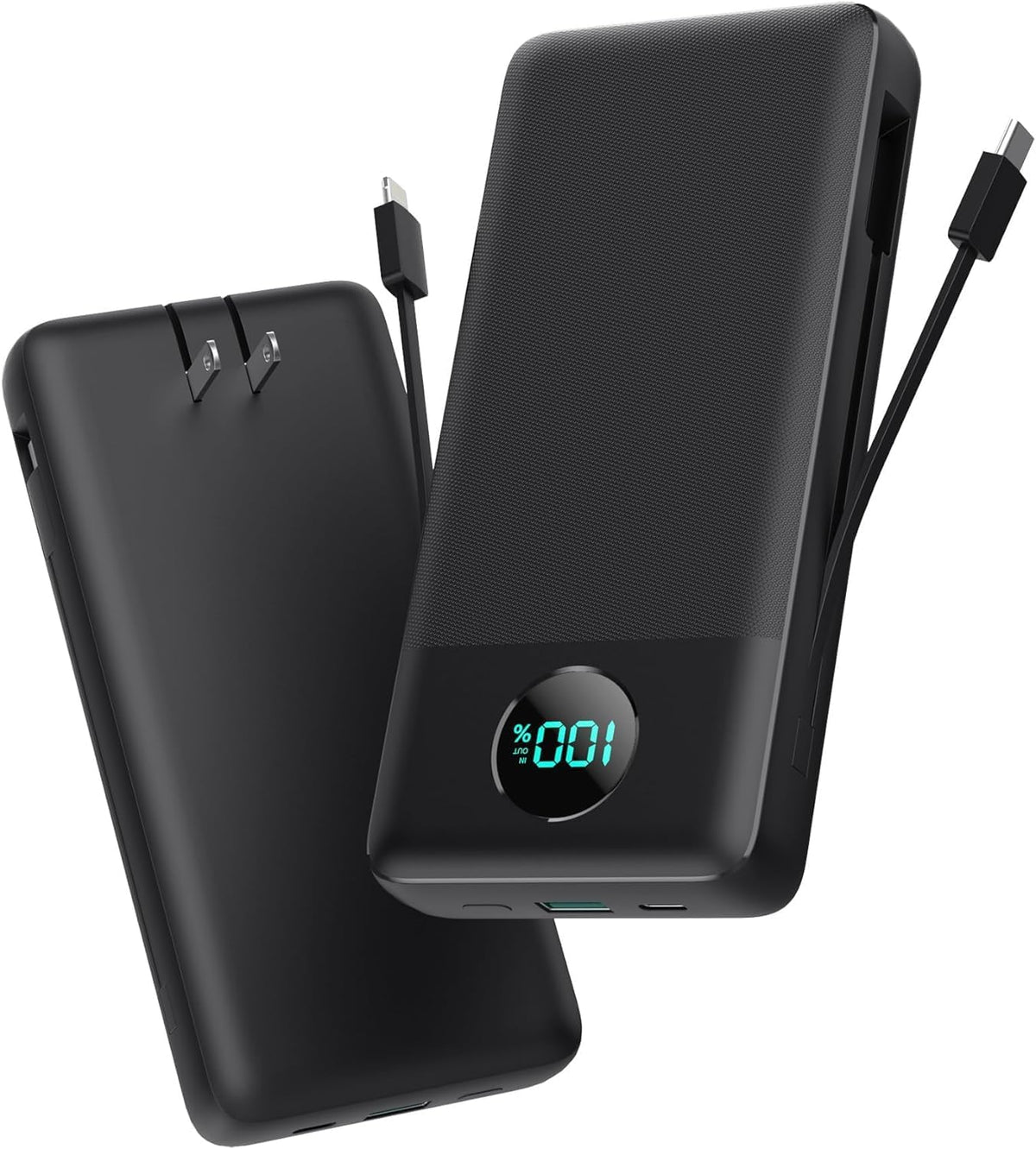 Portable Charger 33800mAh USB C Power Bank with Built-in Cables & AC Wall Plug,25W Fast Charging+QC 4.0 Phone Charger,4 Output LCD Display Battery Pack Compatible with iPhone16/15,Samsung (Black) - PuriLite