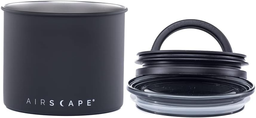 Airscape Stainless Steel Coffee Canister | Food Storage Container | Patented Airtight Lid | Push Out Excess Air Preserve Food Freshness (Matte Black, Small) - PuriLite