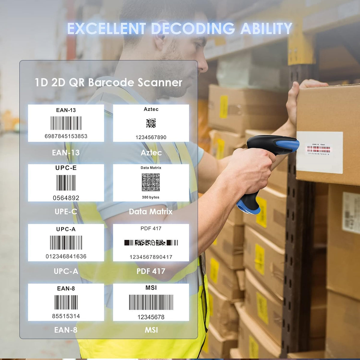 Eyoyo 2D Bluetooth Barcode Scanner Wireless, 2500mAh Handheld Cordless USB Wired QR Bar Code Reader for Library, Warehouse Inventory Compatible with iPad, Android Phone, iPhone, Laptop - PuriLite