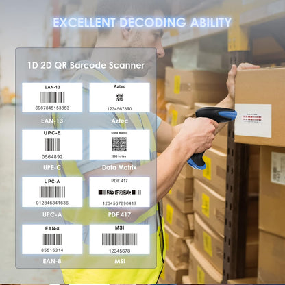 Eyoyo 2D Bluetooth Barcode Scanner Wireless, 2500mAh Handheld Cordless USB Wired QR Bar Code Reader for Library, Warehouse Inventory Compatible with iPad, Android Phone, iPhone, Laptop - PuriLite