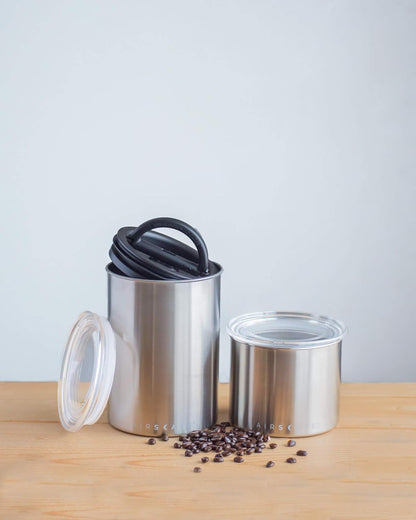 Airscape Stainless Steel Coffee Canister | Food Storage Container | Patented Airtight Lid | Push Out Excess Air Preserve Food Freshness (Matte Black, Small) - PuriLite
