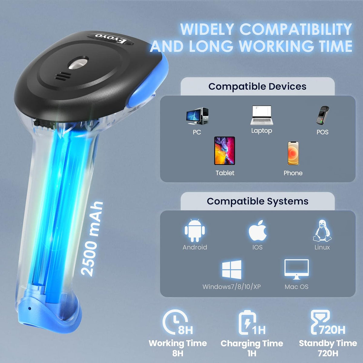 Eyoyo 2D Bluetooth Barcode Scanner Wireless, 2500mAh Handheld Cordless USB Wired QR Bar Code Reader for Library, Warehouse Inventory Compatible with iPad, Android Phone, iPhone, Laptop - PuriLite
