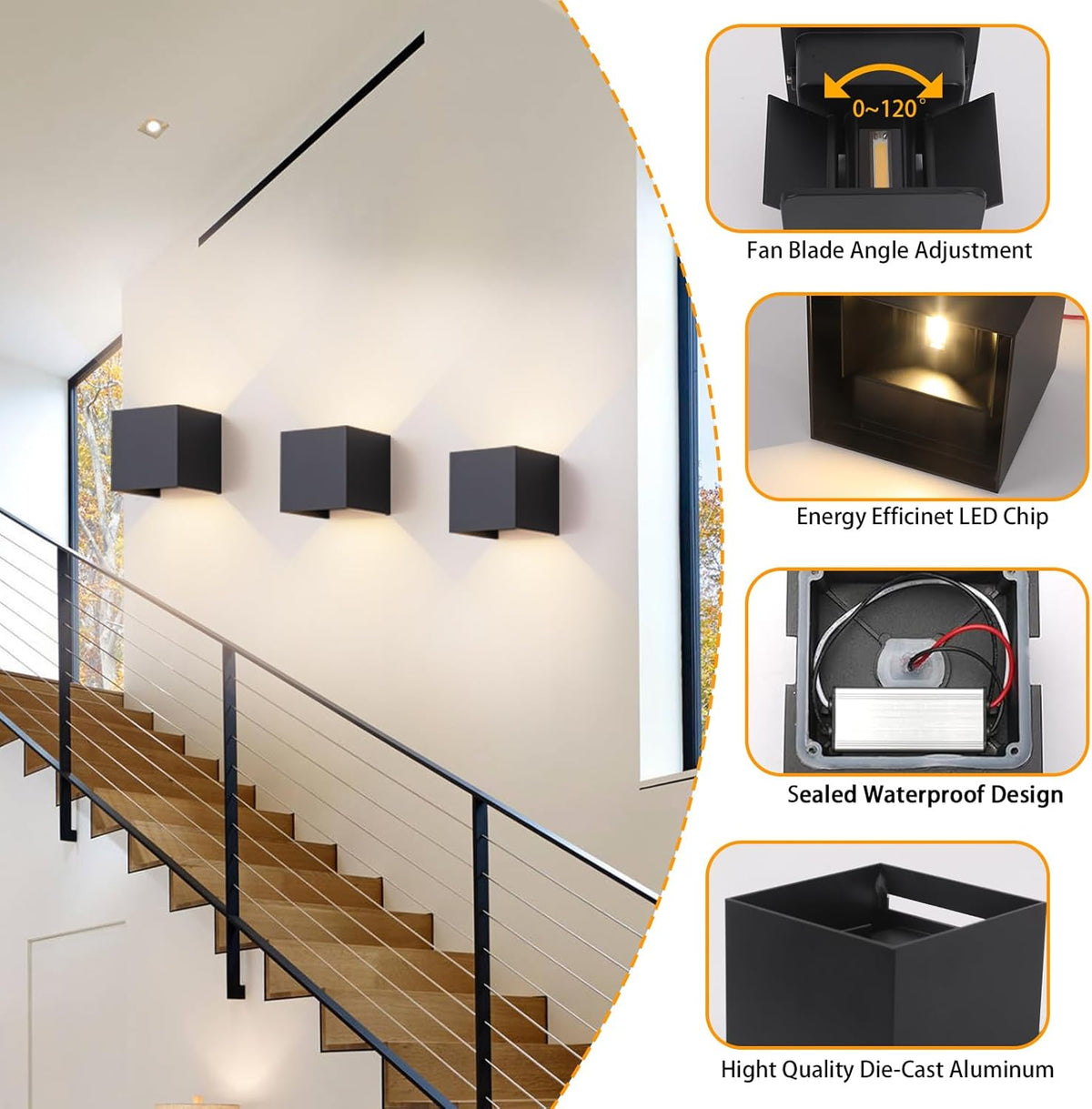 2 Pack Outdoor Wall Lights Exterior/Interior LED Wall Sconces IP65 Waterproof Square Aluminum Wall Lamps Outdoor Lighting Fixture Up and Down Lights Modern Black 12W 3000K Warm Lights - PuriLite