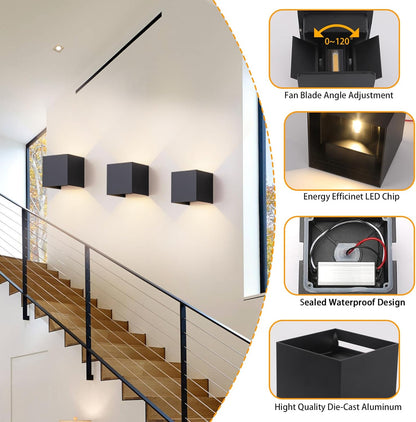 2 Pack Outdoor Wall Lights Exterior/Interior LED Wall Sconces IP65 Waterproof Square Aluminum Wall Lamps Outdoor Lighting Fixture Up and Down Lights Modern Black 12W 3000K Warm Lights - PuriLite