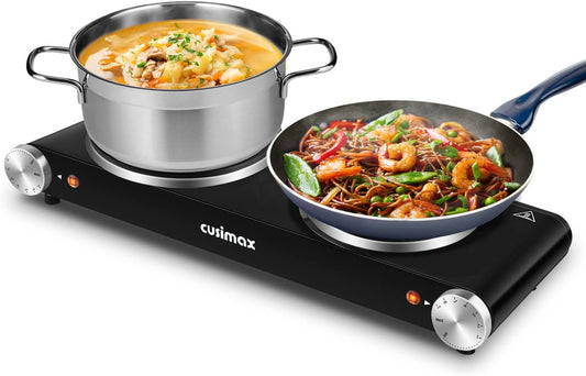 Cusimax Hot Plate for Cooking 1800W Portable Electric Double Burner Countertop Cooktop Cast Iron Stove Heating Plate with 7 Power Levels Adjustable Temp Control, Compatible for All Cookwares - PuriLite