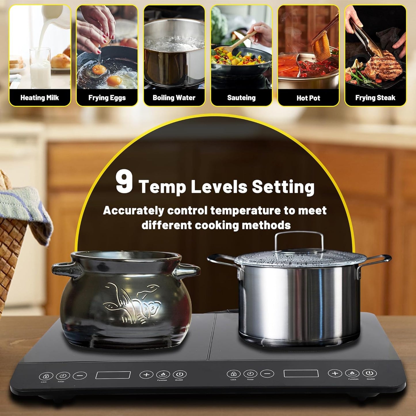 COOKTRON Double Induction Cooktop Burner, 1800W Induction Countertop 2 Burner Portable, Precision Temperature Independent Control, 10 Temperature 9 Power Settings, with Child Safety Lock & 4H Timer - PuriLite