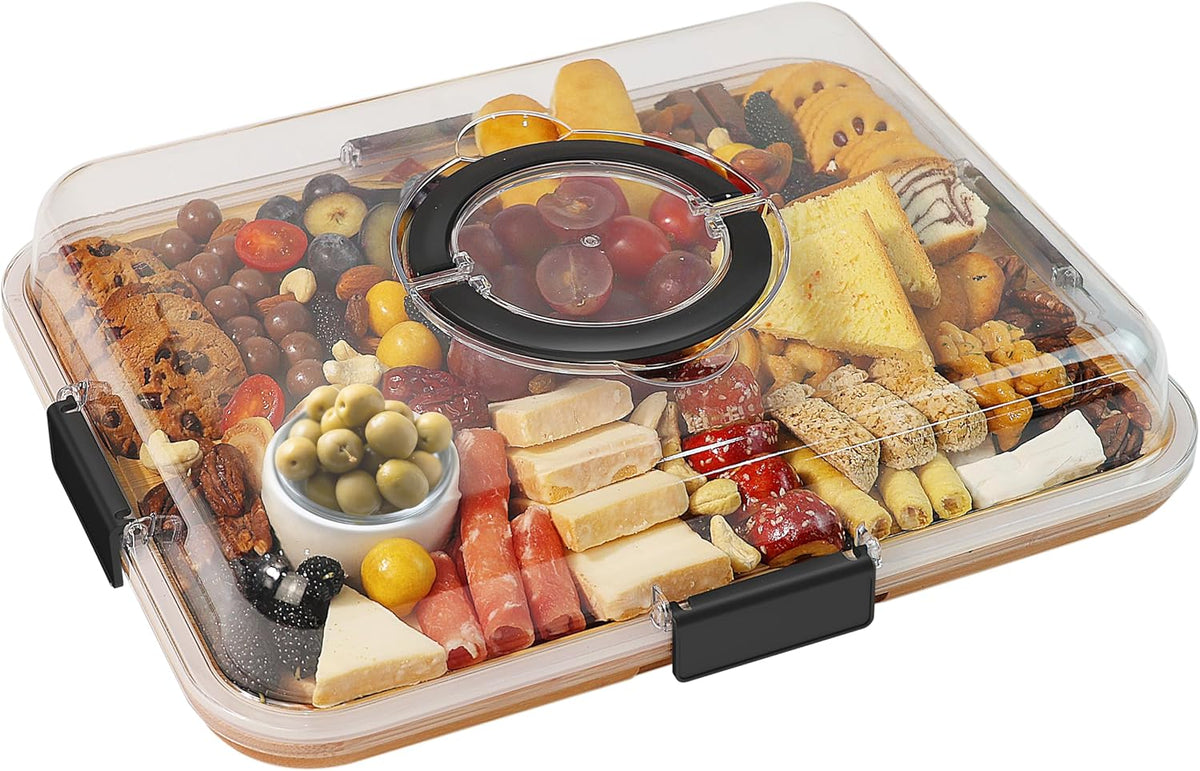 Portable Charcuterie Board with Clear Lid, Bamboo Cheese Board with 6 Compartments, Travel Snack Tray for Picnics, Parties, and Housewarming Gifts - PuriLite