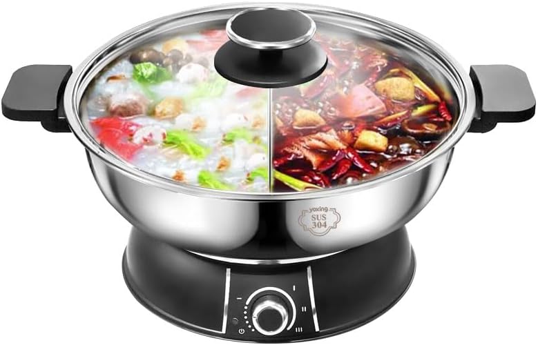 YONGXING HS-160BU 1500W Electric Hot Pot with Divider, 5L Dual-Sided Stainless Steel Steamboat for 4–8 People, Removable Pot, Adjustable Temp Control, Easy to Clean - PuriLite