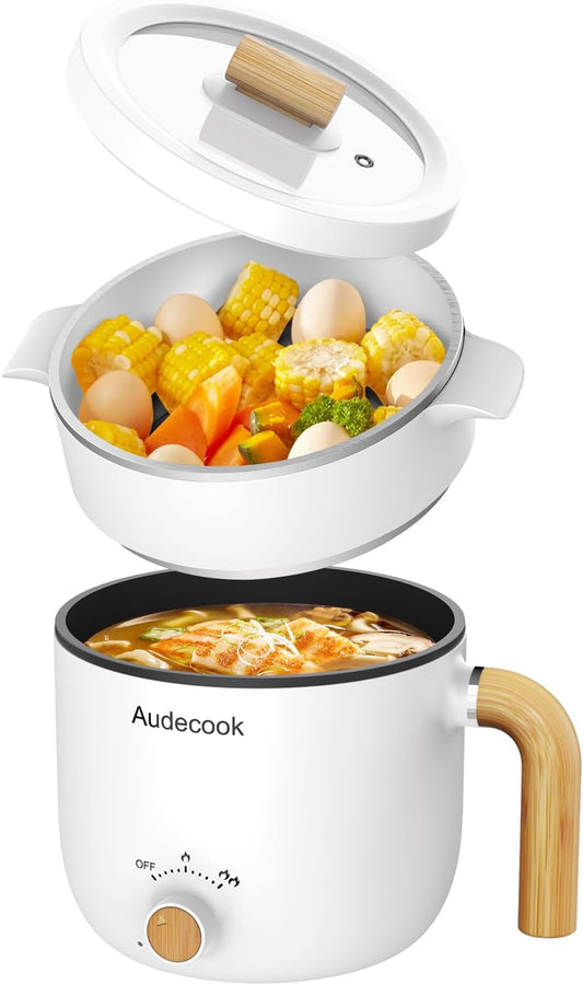 Audecook Hot Pot Electric with Steamer, 1.5L Portable Non-Stick Mini Rapid Ramen Cooker, Travel Multifunctional Electric Skillet with Dual Power Control for Pasta/Soup/Steak/Egg/Oatmeal (White) - PuriLite