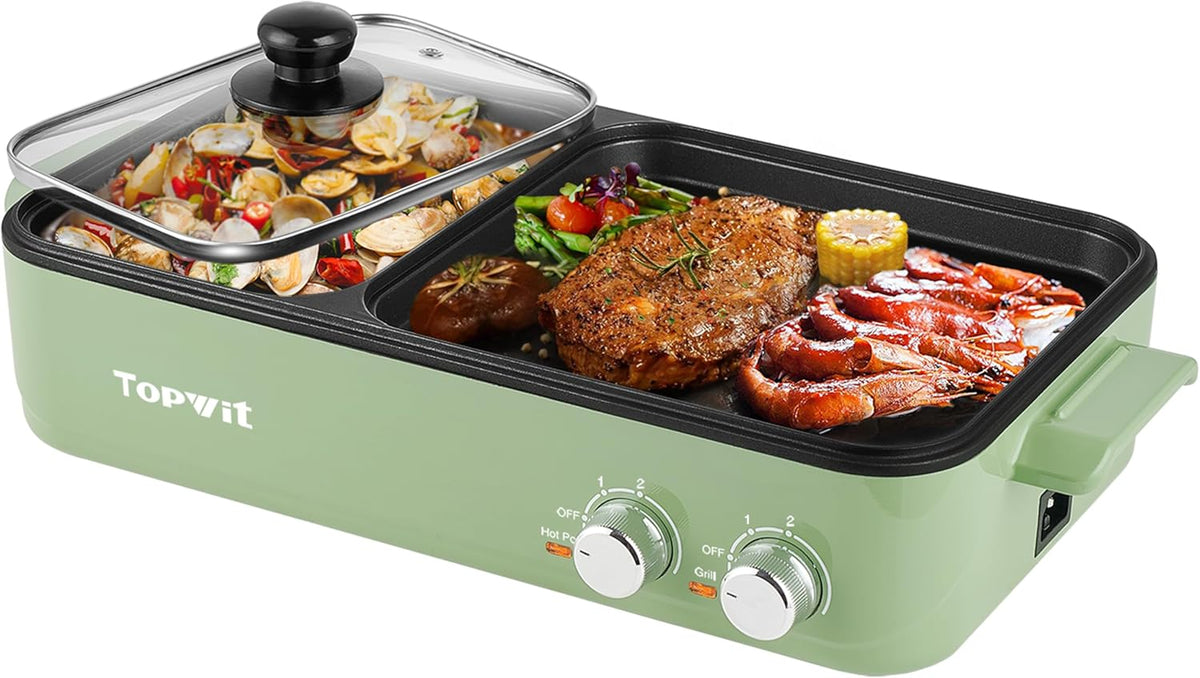 Topwit Shabu Shabu Pot with Grill, 2 in 1 Indoor Non-Stick Shabu Shabu Pot and Griddle for Korean BBQ, Steaks, Ramen and Noodles, Independent Dual Temperature Control, Fast Heating, Green - PuriLite