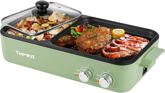 Topwit Shabu Shabu Pot with Grill, 2 in 1 Indoor Non-Stick Shabu Shabu Pot and Griddle for Korean BBQ, Steaks, Ramen and Noodles, Independent Dual Temperature Control, Fast Heating, Green - PuriLite