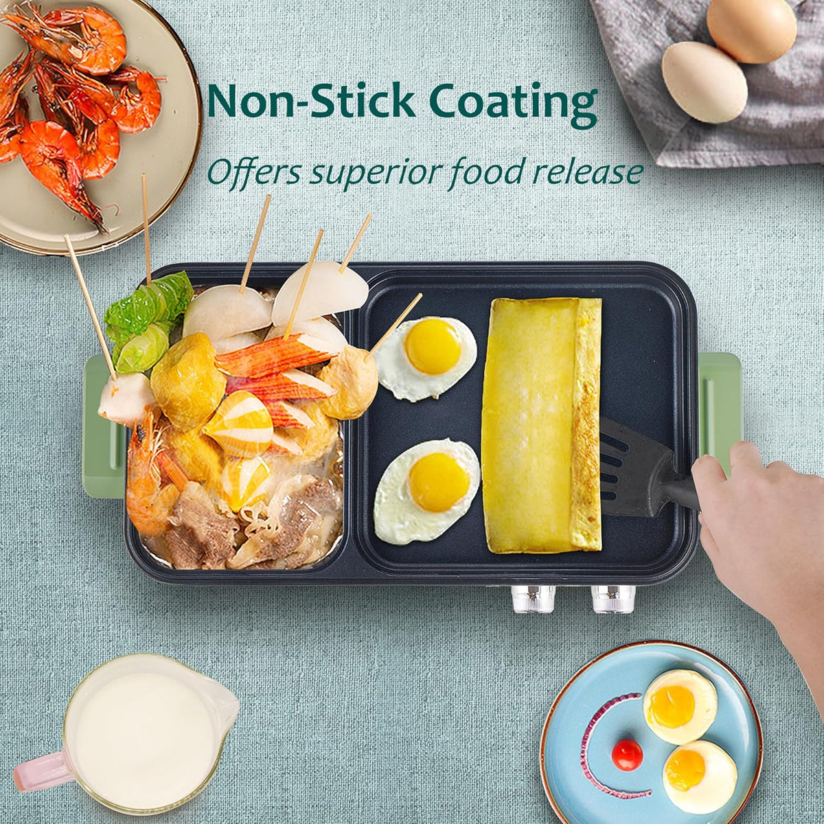 Topwit Shabu Shabu Pot with Grill, 2 in 1 Indoor Non-Stick Shabu Shabu Pot and Griddle for Korean BBQ, Steaks, Ramen and Noodles, Independent Dual Temperature Control, Fast Heating, Green - PuriLite