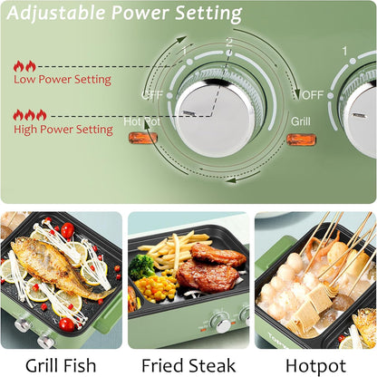 Topwit Shabu Shabu Pot with Grill, 2 in 1 Indoor Non-Stick Shabu Shabu Pot and Griddle for Korean BBQ, Steaks, Ramen and Noodles, Independent Dual Temperature Control, Fast Heating, Green - PuriLite