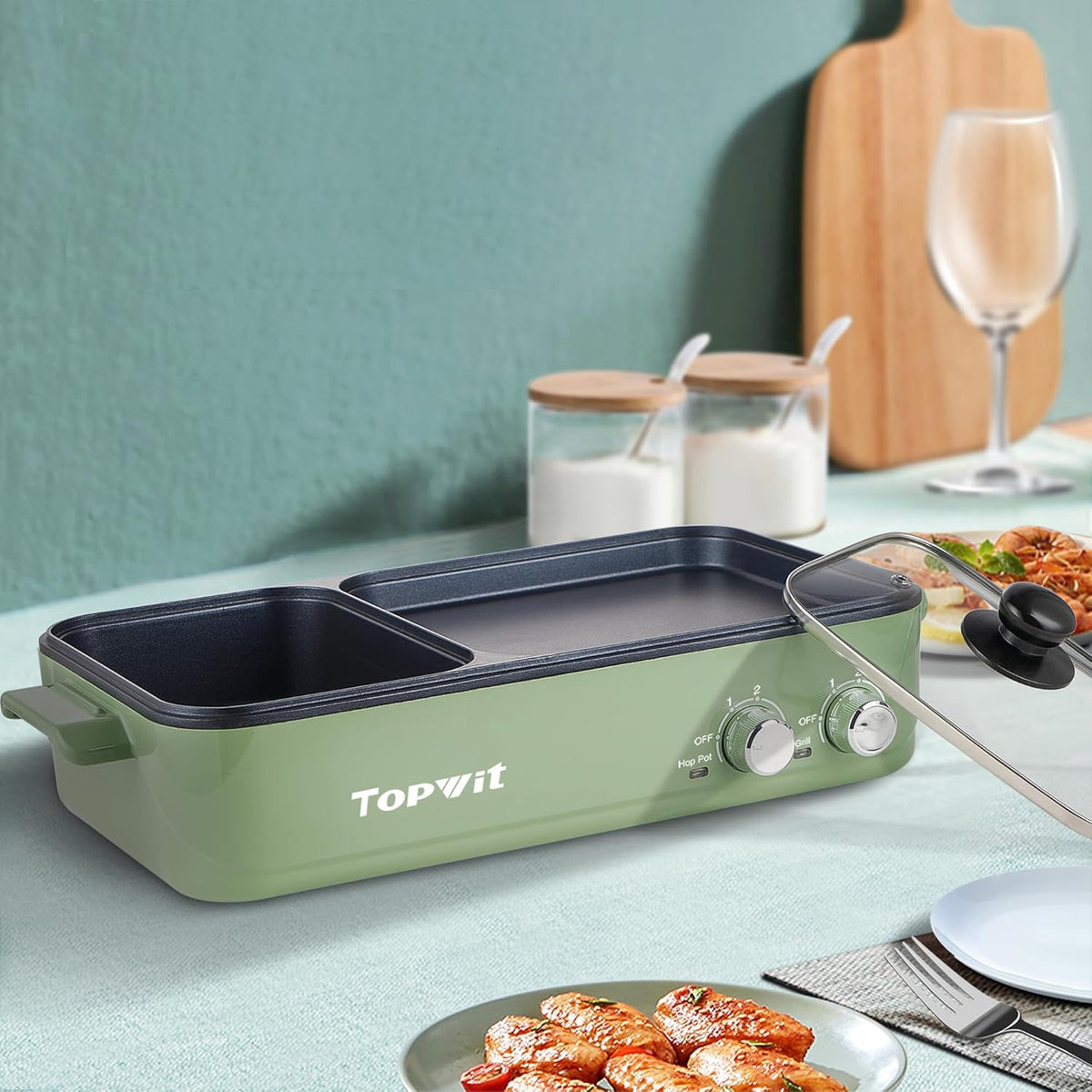 Topwit Shabu Shabu Pot with Grill, 2 in 1 Indoor Non-Stick Shabu Shabu Pot and Griddle for Korean BBQ, Steaks, Ramen and Noodles, Independent Dual Temperature Control, Fast Heating, Green - PuriLite