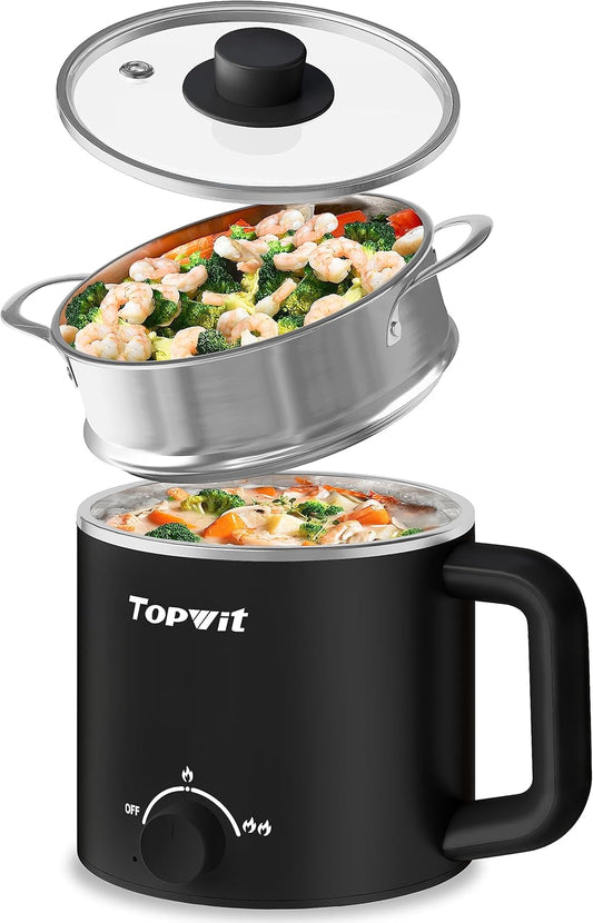 Topwit Hot Pot Electric with Steamer, 1.6L Ramen Cooker, Electric Pot for Pasta, Shabu-Shabu, Oatmeal, Soup and Egg, Portable Cooker with Dual Power Control, Dorm Room Essentials, Black - PuriLite