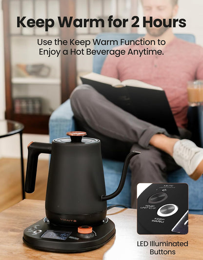 Vianté Electric Gooseneck Kettle with Precise Temperature Control. Pour Over Coffee & Tea Kettle. Boil-Dry Protection & Keep Warm Function. Stainless Steel, BPA-Free. Includes V60#2 Filters. 0.8L - PuriLite