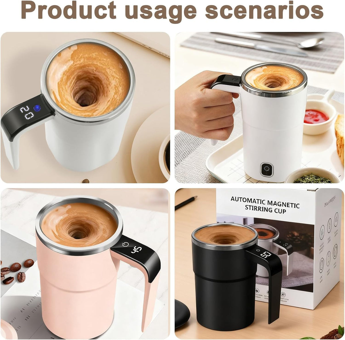 Automatic Self Stirring Coffee Mug with Magnetic Mixer, Rechargeable Electric Mixing Cup with Temperature Display, Portable 380ml Stirring Mug for Coffee, Milk, and Hot Cocoa - PuriLite