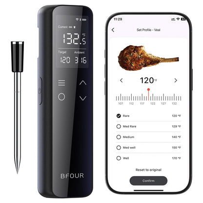 WiFi Wireless Meat Thermometer with Standalone Base, Dual Connectivity Bluetooth and WiFi, 6-Sensor Waterproof Smart Cooking Thermometer for Grill, BBQ, Oven, and Smoker - PuriLite