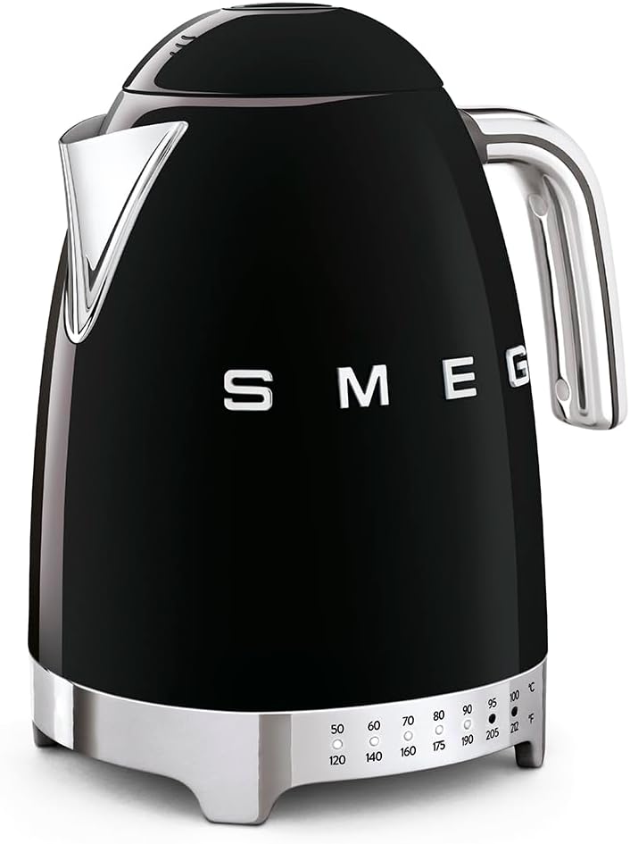 Smeg 50's Retro 7 Cup Stainless Steel Variable Temperature Electric Kettle with 7 Temperature Settings, Led Display, Swivel Base and Keep Warm Function Black KLF04BLUS - PuriLite
