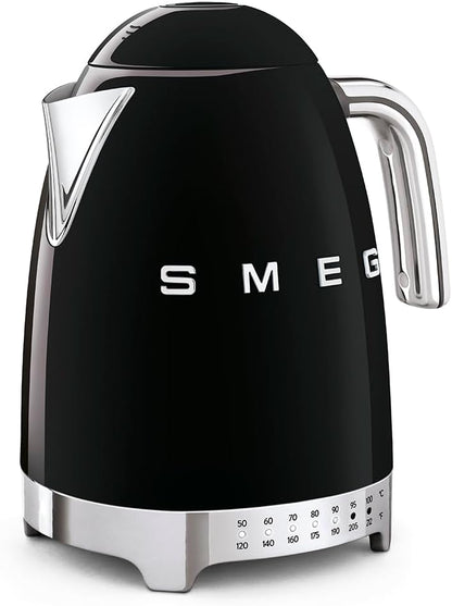Smeg 50's Retro 7 Cup Stainless Steel Variable Temperature Electric Kettle with 7 Temperature Settings, Led Display, Swivel Base and Keep Warm Function Black KLF04BLUS - PuriLite
