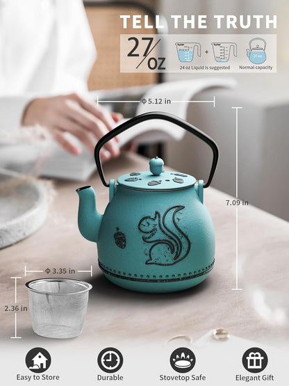 Toptier Teapot with Removable Infuser, Cast Iron Tea Kettle Stovetop Safe, Squirrel Design Tea Pot Coated with Enameled Interior for 32 Ounce (950 ml), Blue - PuriLite