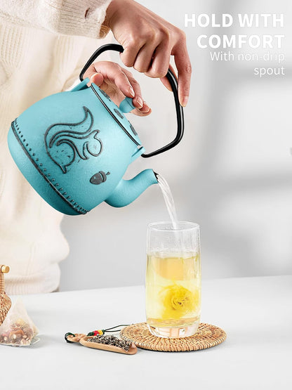 Toptier Teapot with Removable Infuser, Cast Iron Tea Kettle Stovetop Safe, Squirrel Design Tea Pot Coated with Enameled Interior for 32 Ounce (950 ml), Blue - PuriLite