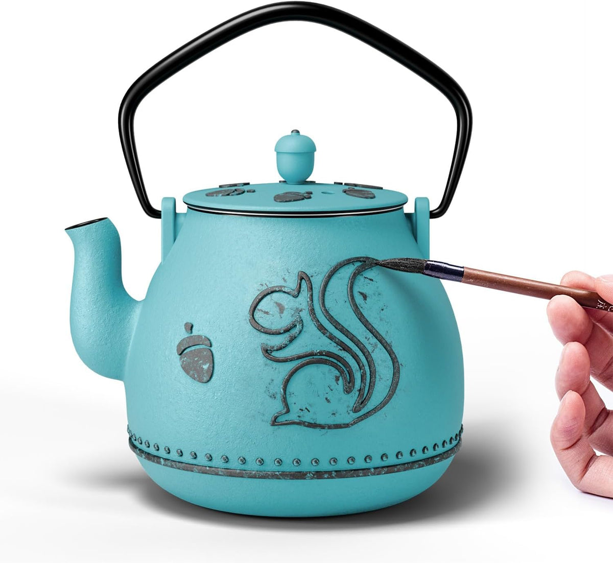 Toptier Teapot with Removable Infuser, Cast Iron Tea Kettle Stovetop Safe, Squirrel Design Tea Pot Coated with Enameled Interior for 32 Ounce (950 ml), Blue - PuriLite