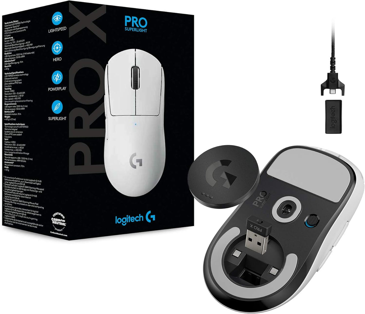 Logitech G PRO X SUPERLIGHT Wireless Gaming Mouse, Ultra-Lightweight, HERO 25K Sensor, 25,600 DPI, 5 Programmable Buttons, Long Battery Life, Compatible with PC / Mac - White - PuriLite