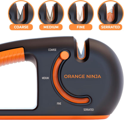 Orange Ninja 4-Stage Knife Sharpener - Premium Kitchen Knife Sharpeners - Adjustable Handheld Manual Knife Sharpeners for Kitchen Knives, Knife Sharpener, Chefs & Serrated Knife by Sharp Pebble - PuriLite