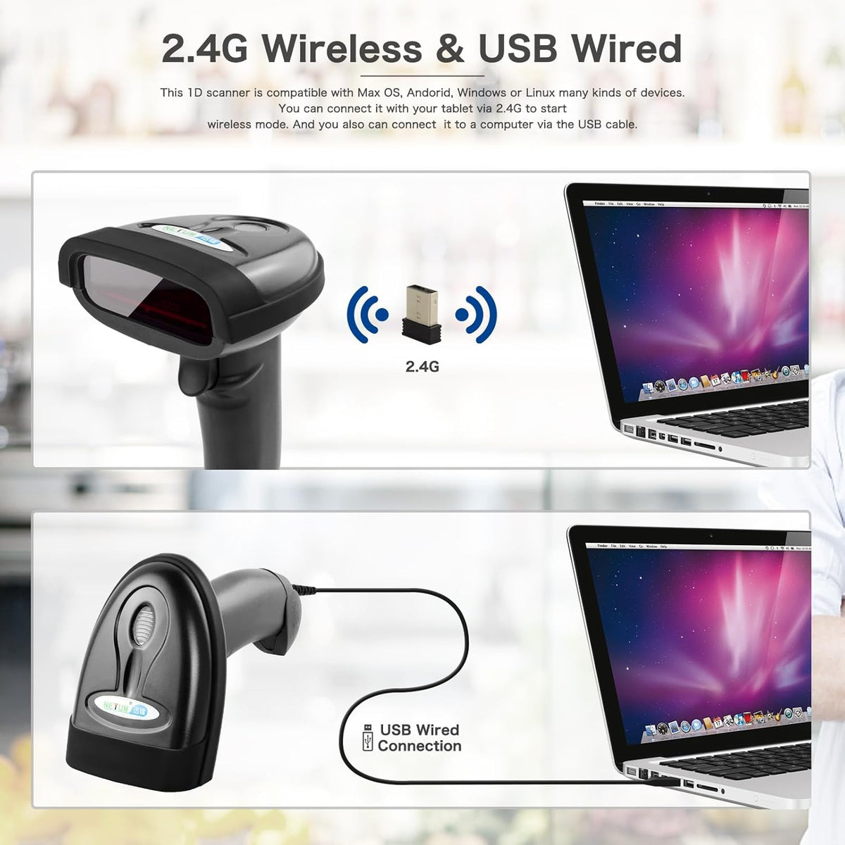NETUM Wireless Barcode Scanner 2 in 1 2.4G Wireless & USB 2.0 Wired 1D Laser Barcode Reader Portable Bar Code Scanning for Retail Supermaket Warehouse NT-1698W - PuriLite