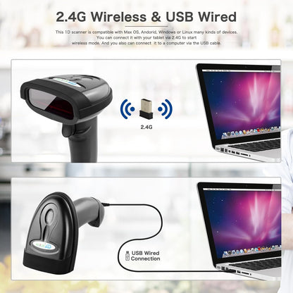 NETUM Wireless Barcode Scanner 2 in 1 2.4G Wireless & USB 2.0 Wired 1D Laser Barcode Reader Portable Bar Code Scanning for Retail Supermaket Warehouse NT-1698W - PuriLite