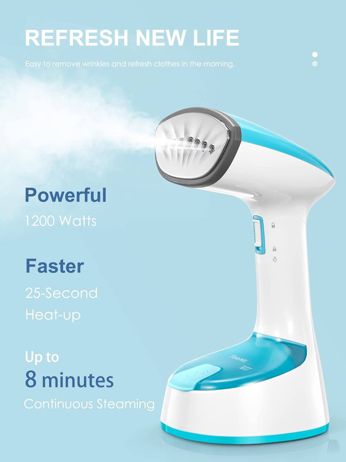 Reemix Steamer for Clothes, 1200W Foldable Clothes Steamer, Handheld Garment Steamer, Fast Heat-up, Auto-Off, Steam Iron for Fabric Wrinkle Remover with Brush (Crystal Blue) - PuriLite