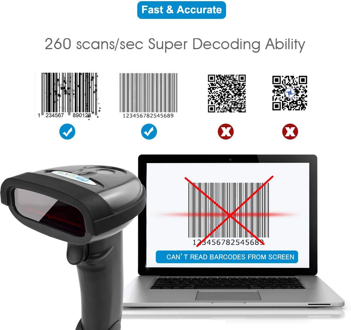 NETUM Wireless Barcode Scanner 2 in 1 2.4G Wireless & USB 2.0 Wired 1D Laser Barcode Reader Portable Bar Code Scanning for Retail Supermaket Warehouse NT-1698W - PuriLite