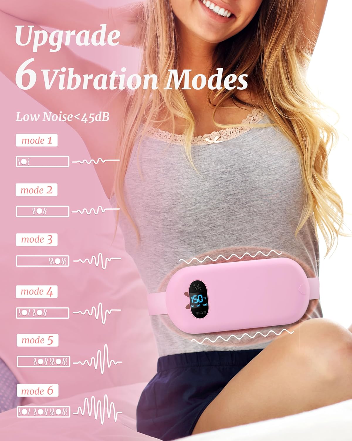 Portable Cordless Heating Pad for Cramps – Fast Heating Menstrual & Back Pain Relief Belt – 6 Heat & 6 Vibration Modes – Wearable Rechargeable Heating Pad - PuriLite