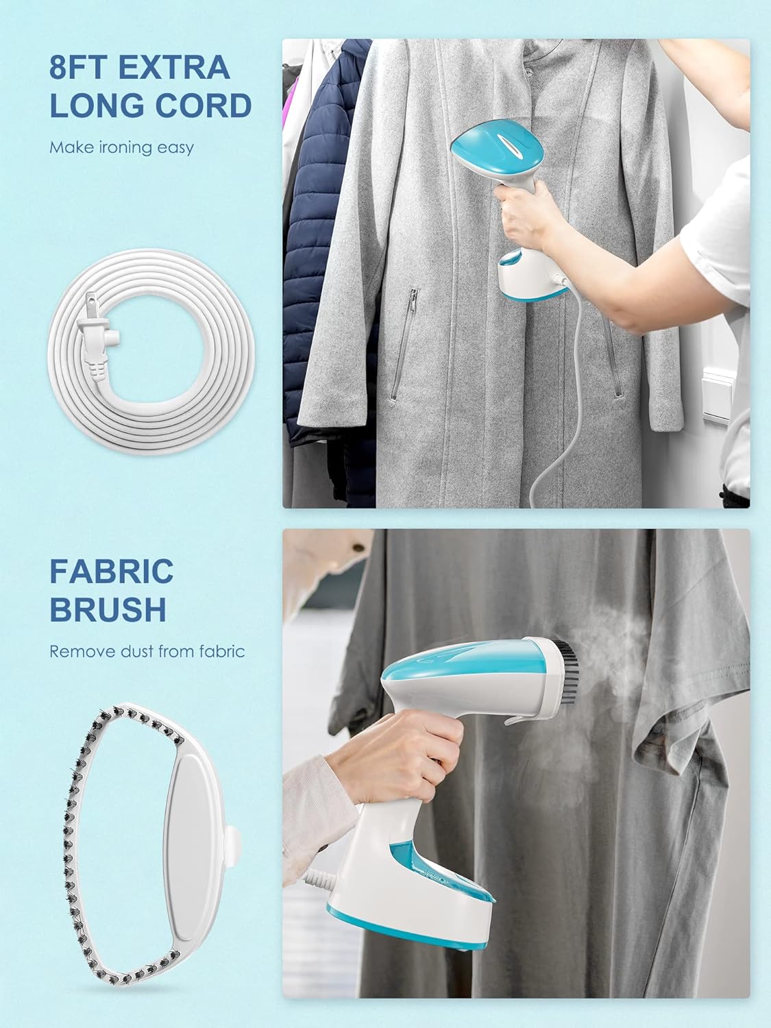Reemix Steamer for Clothes, 1200W Foldable Clothes Steamer, Handheld Garment Steamer, Fast Heat-up, Auto-Off, Steam Iron for Fabric Wrinkle Remover with Brush (Crystal Blue) - PuriLite
