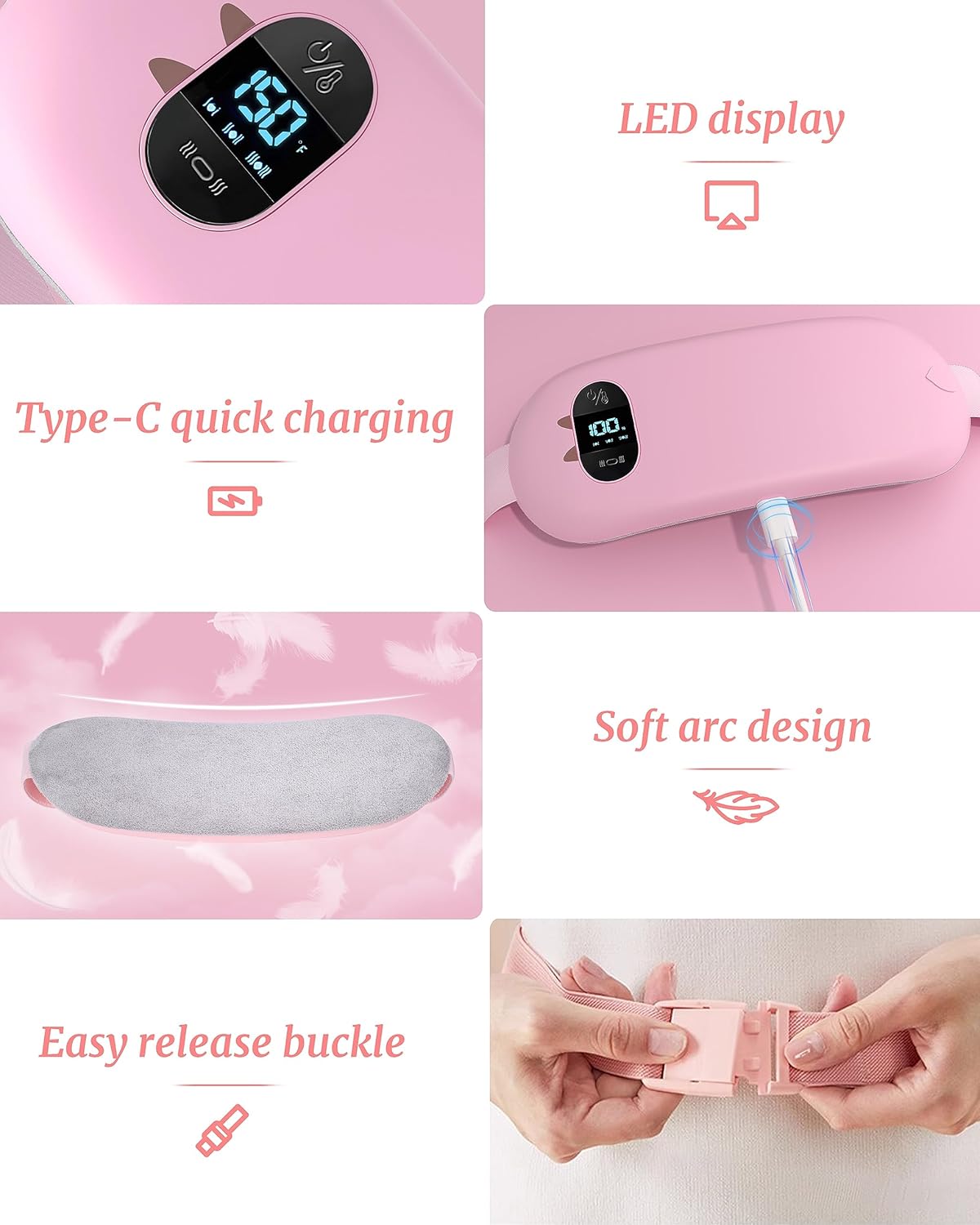 Portable Cordless Heating Pad for Cramps – Fast Heating Menstrual & Back Pain Relief Belt – 6 Heat & 6 Vibration Modes – Wearable Rechargeable Heating Pad - PuriLite