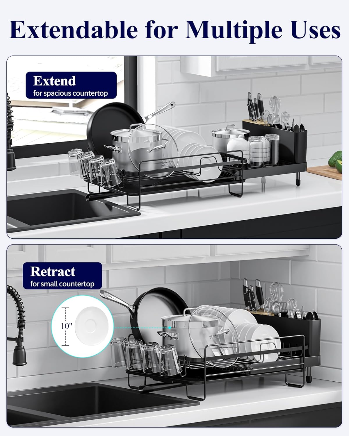 Kitsure Large Dish Drying Rack - Extendable Stainless Steel, Anti-Rust Kitchen Counter Rack with Cutlery & Cup Holders, 67.8 x 32.7 x 14.9cm, Black - PuriLite