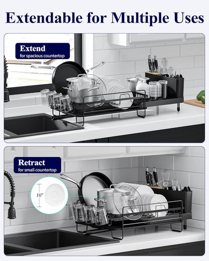 Kitsure Large Dish Drying Rack - Extendable Stainless Steel, Anti-Rust Kitchen Counter Rack with Cutlery & Cup Holders, 67.8 x 32.7 x 14.9cm, Black - PuriLite
