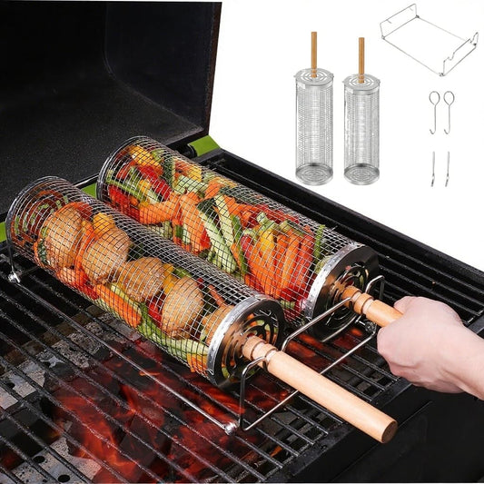 2-Piece Rolling Grill Basket Set with Removable Wooden Handle, 304 Stainless Steel BBQ Grilling Baskets for Vegetables, Meat and Seafood, Outdoor Camping and Picnic Accessories - PuriLite