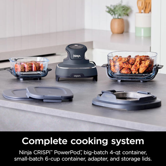Ninja Crispi Air Fryer, Microwave, Freezer & Dishwasher Safe, Non Toxic Glass Portable Cooking System, 4 QT & 6 Cup Glass Containers with Storage Lids, Easy Meals, Air Fry, Bake, & More Grey, FN101CGY - PuriLite