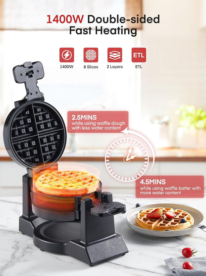 FOHERE Waffle Maker, 8-Slice Belgian Waffle Maker, 180° Rotating Waffle Iron with Double Waffle Plates, Nonstick Plates and Removable Drip Tray, Cool Touch Handle (Large) - PuriLite