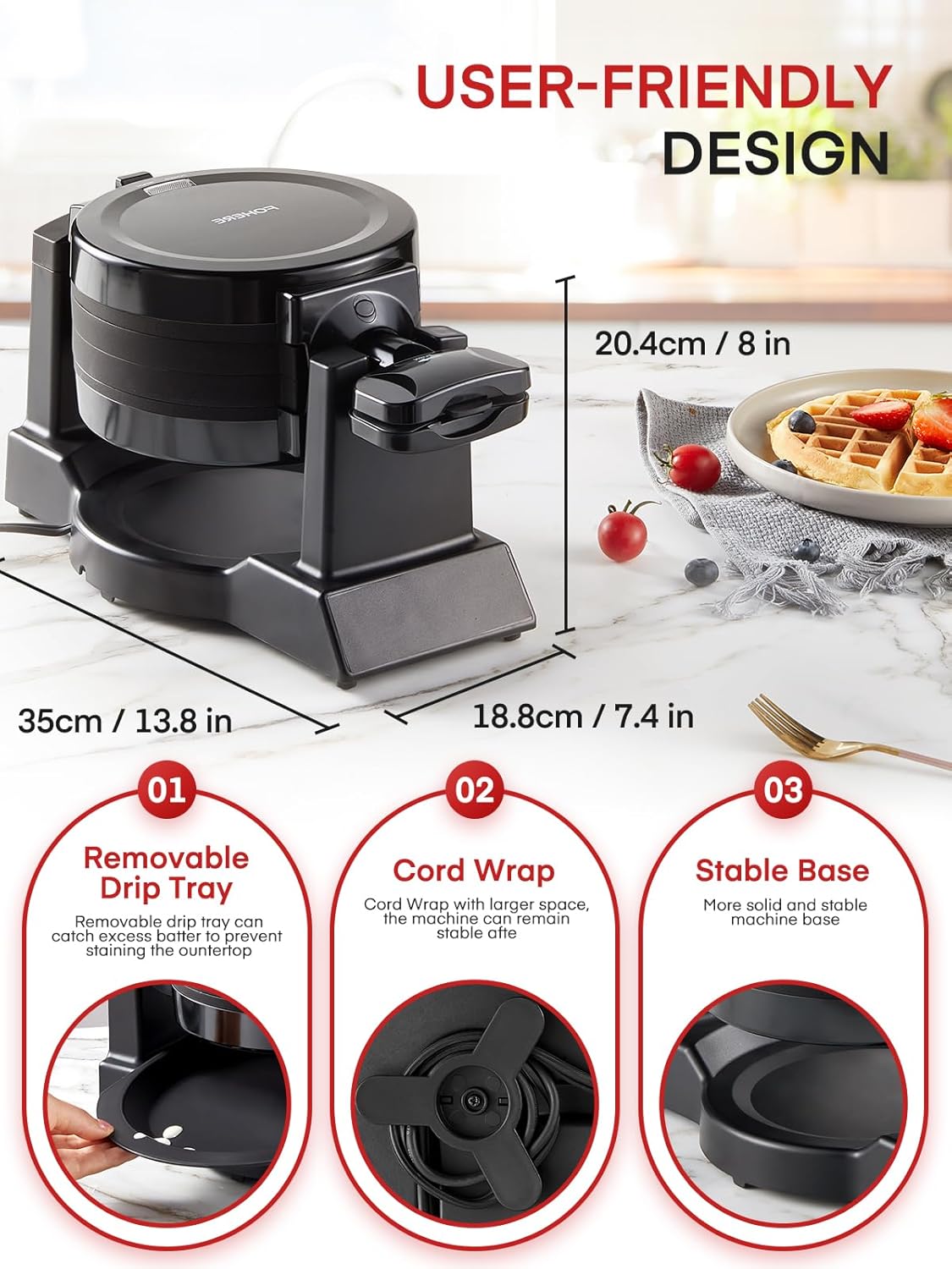 FOHERE Waffle Maker, 8-Slice Belgian Waffle Maker, 180° Rotating Waffle Iron with Double Waffle Plates, Nonstick Plates and Removable Drip Tray, Cool Touch Handle (Large) - PuriLite