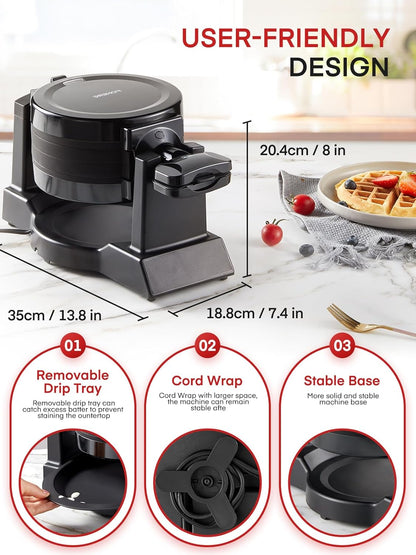 FOHERE Waffle Maker, 8-Slice Belgian Waffle Maker, 180° Rotating Waffle Iron with Double Waffle Plates, Nonstick Plates and Removable Drip Tray, Cool Touch Handle (Large) - PuriLite