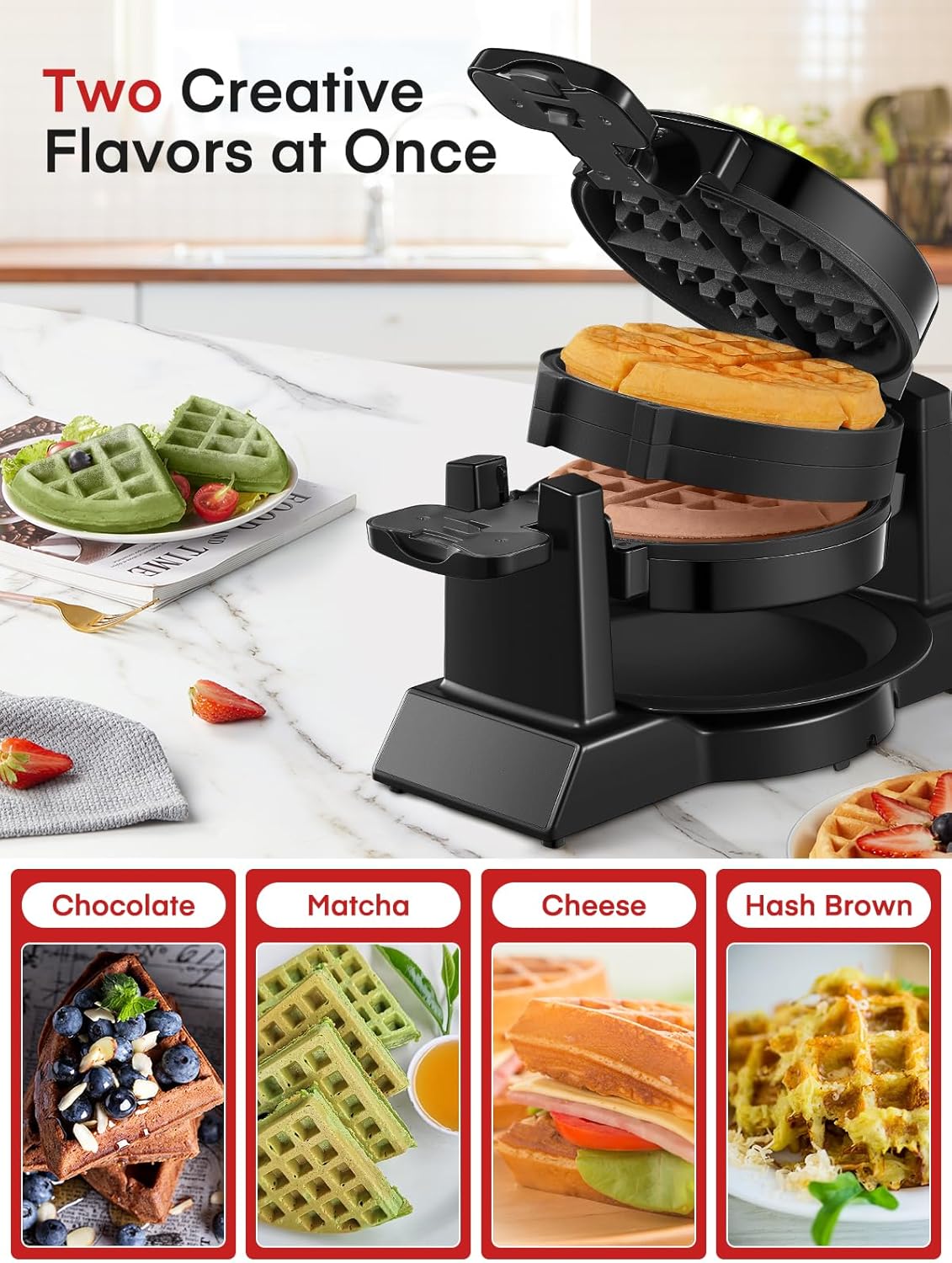 FOHERE Waffle Maker, 8-Slice Belgian Waffle Maker, 180° Rotating Waffle Iron with Double Waffle Plates, Nonstick Plates and Removable Drip Tray, Cool Touch Handle (Large) - PuriLite