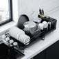 Kitsure Large Dish Drying Rack - Extendable Stainless Steel, Anti-Rust Kitchen Counter Rack with Cutlery & Cup Holders, 67.8 x 32.7 x 14.9cm, Black - PuriLite